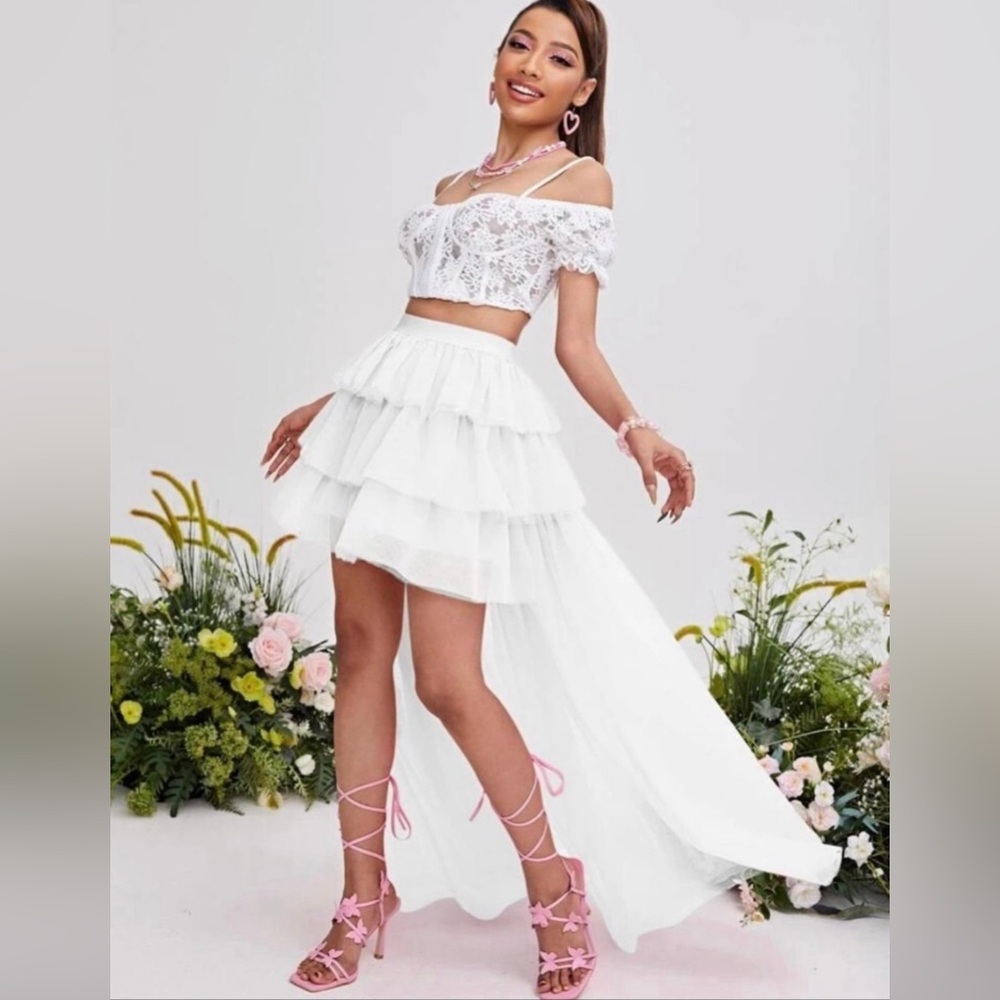 White Layered Ruffle Asymmetrical Hem Mesh Skirt